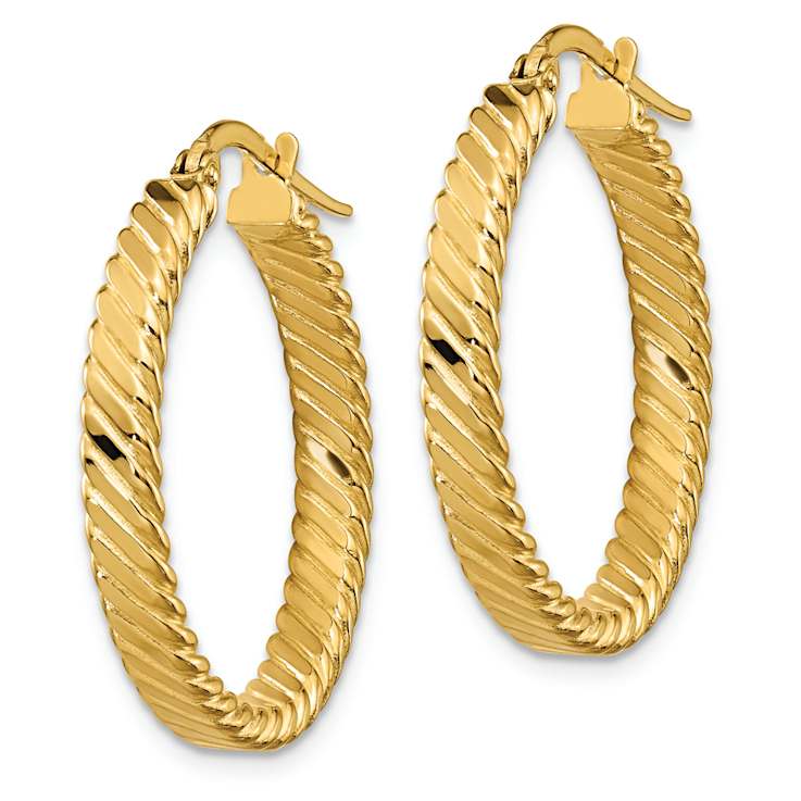 14k Yellow Gold 1" Striped Patterned Hoop Earrings