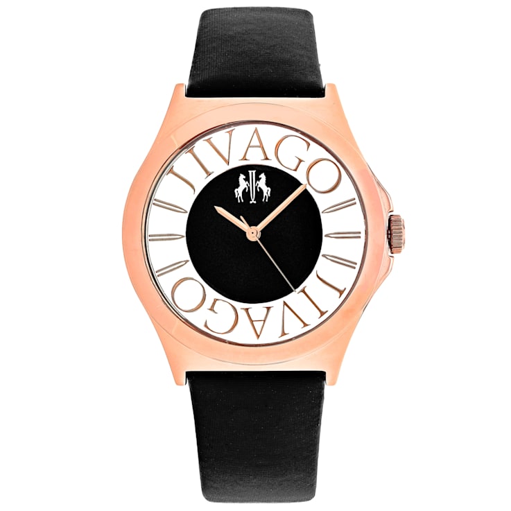 Jivago Women's Fun Black Dial, Rose Bezel, Black Satin Leather Strap Watch