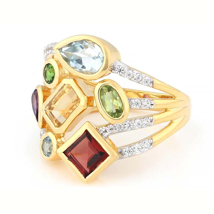 Multi-Gemstone Rainbow Ring In 18K Gold Over Sterling Silver 2.94ctw