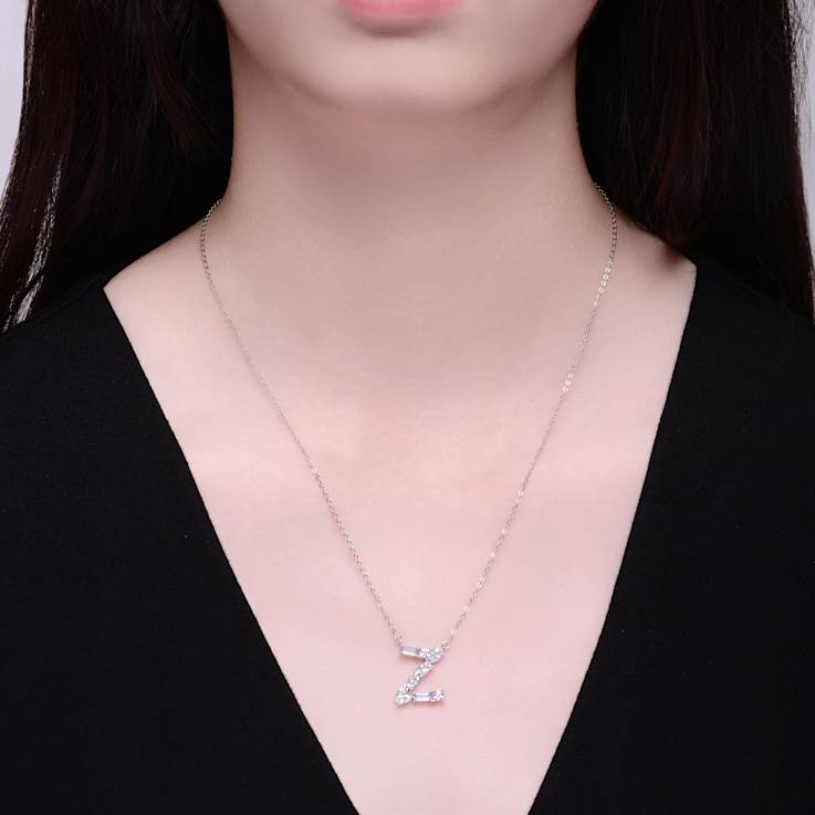 Initial Z Mixed Cut CZ Pendant Necklace In Sterling Silver 18 Inch