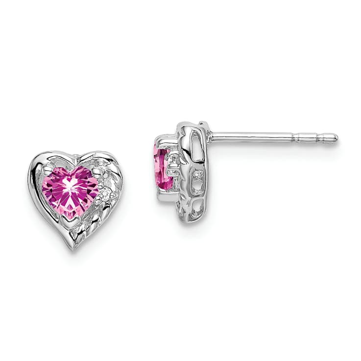 Rhodium Over 14K White Gold Lab Created Pink Sapphire and Diamond Heart Earrings