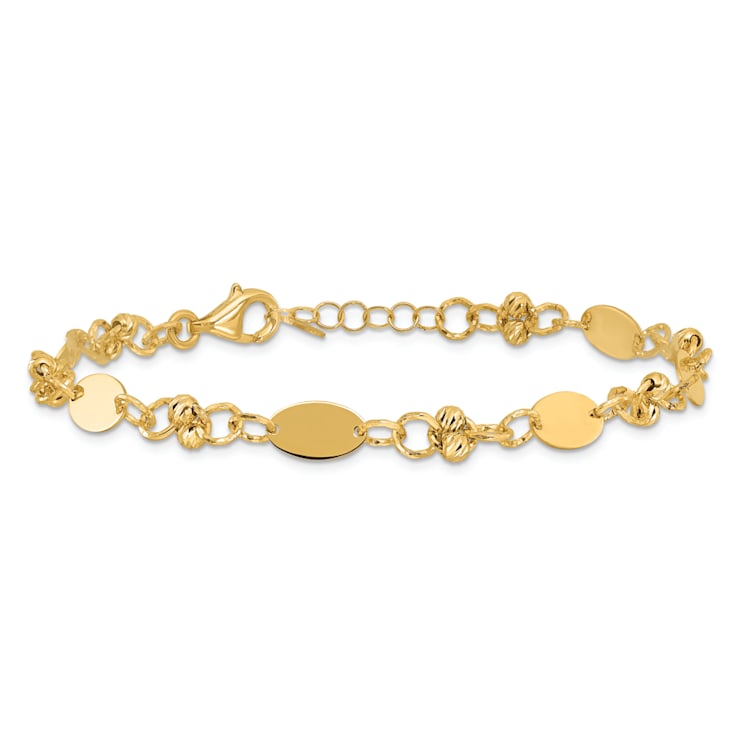 14K Yellow Gold Polished and Diamond-cut Beaded Fancy Plus 1-inch Ext. Bracelet