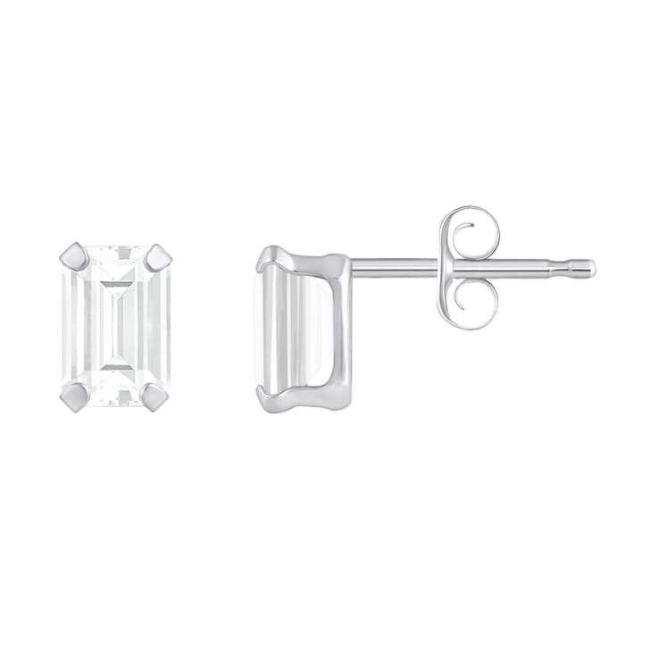 6x4mm Emerald Cut White Topaz Rhodium Over 10k White Gold Stud Earrings