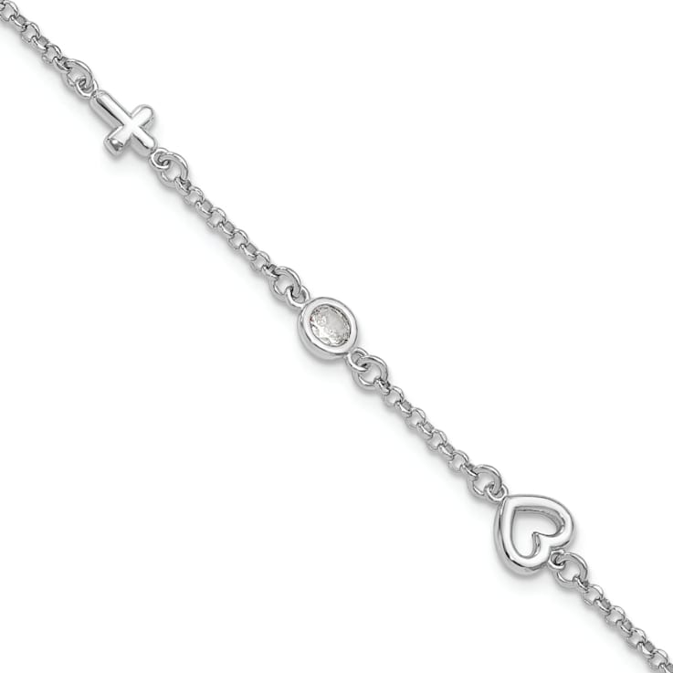 Rhodium Over Sterling Silver Cubic Zirconia Heart and Cross with 1-inch
Extension Bracelet