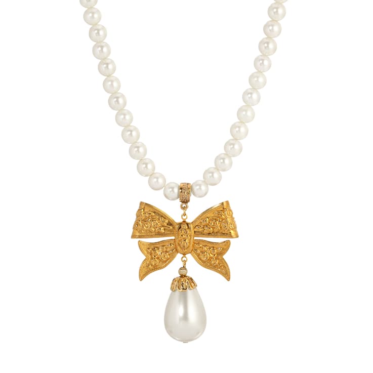 Yellow Base Metal Faux Pearl Gold Bow Drop Necklace 15" Adj.