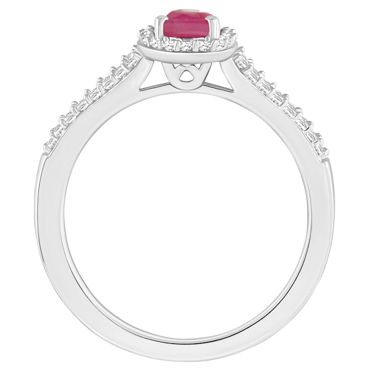6x4mm Oval Ruby 1/4 ctw Diamond Rhodium Over Sterling Silver Halo Ring