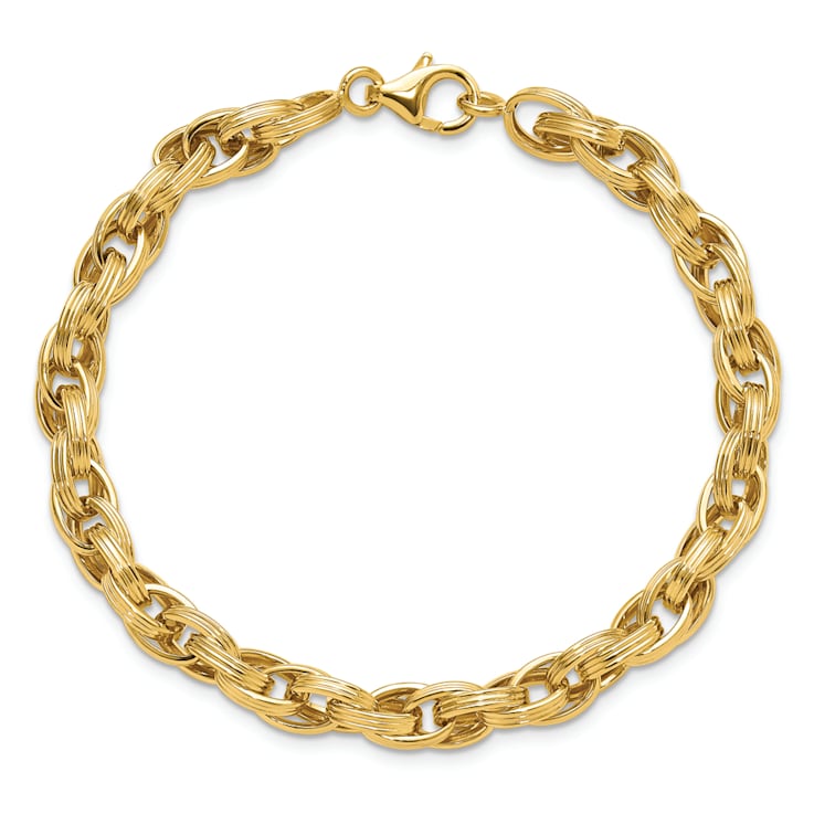 14K Yellow Gold Polished and Grooved Fancy Oval Link Bracelet