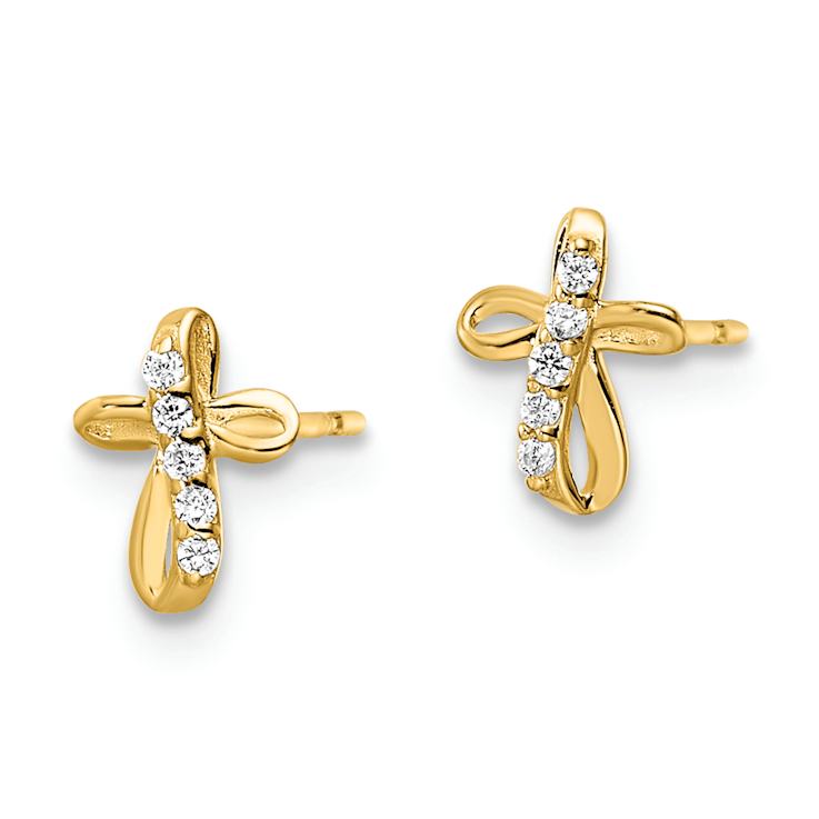 14k Yellow Gold Cubic Zirconia Cross Stud Earrings