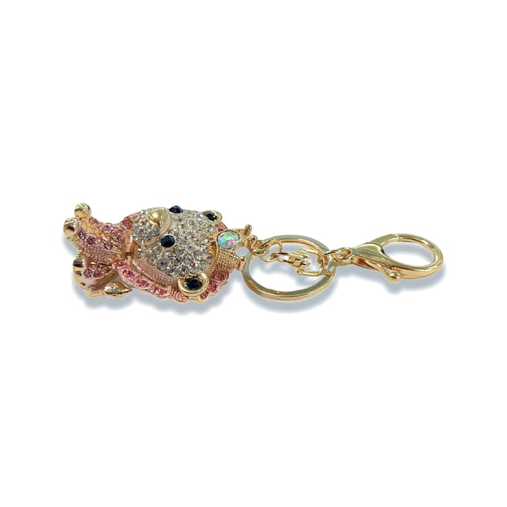 Gold Tone Pink and Clear Crystal Lion Key Chain