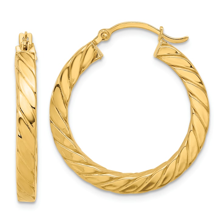 14k Yellow Gold Polished and Twisted 1 1/8" Square Tube Hoop Earrings