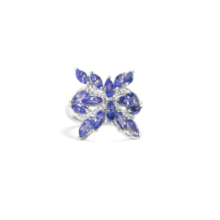Rhodium Over Sterling Silver Marquise Tanzanite and White Zircon Ring 6.03ctw