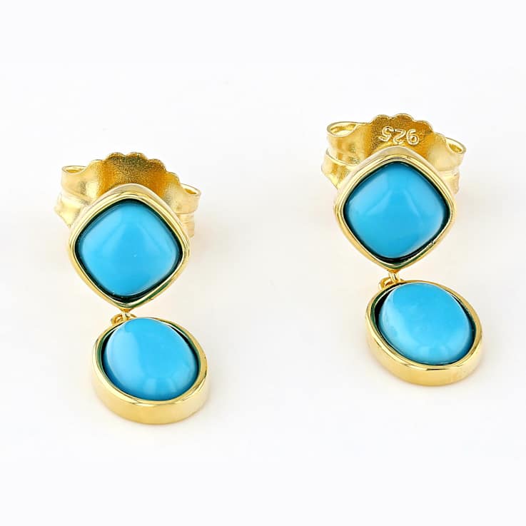 Turquoise Oval And Cushion Drop Earrings In 18K Gold Over Sterling Silver
