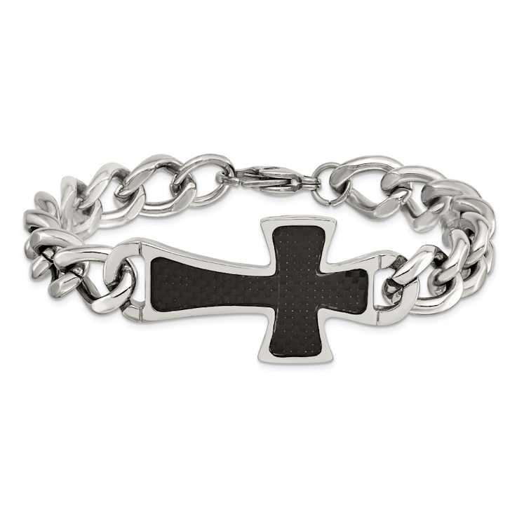 Stainless Steel Polished Black Carbon Fiber Inlay Cross Bracelet