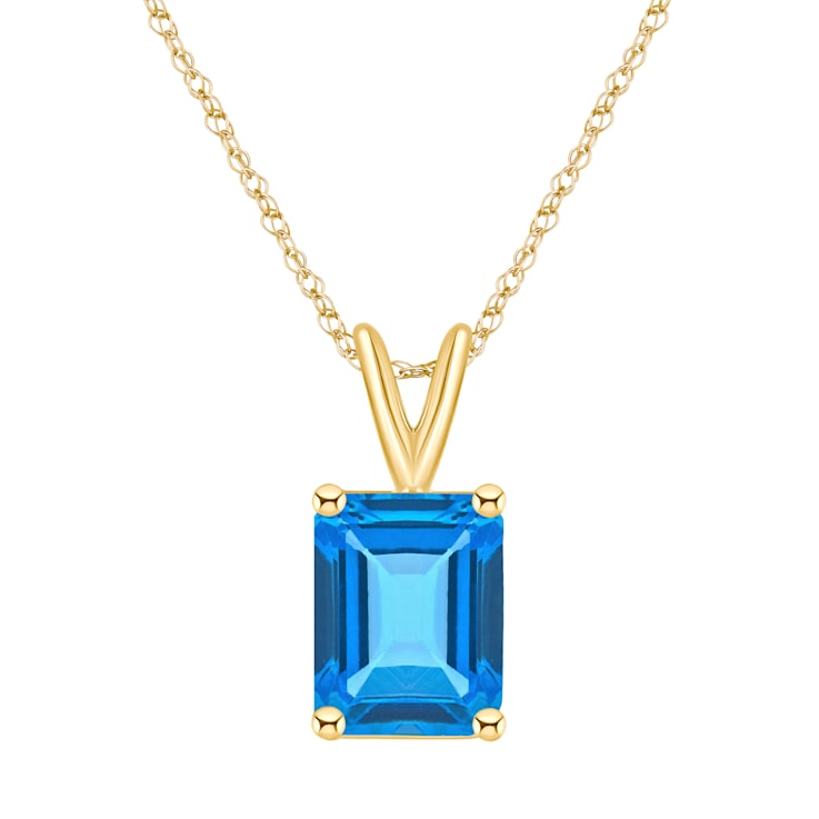 10x8mm Emerald Cut Blue Topaz 14k Yellow Gold Pendant With Chain