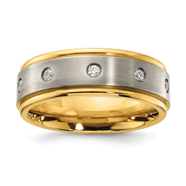 White Cubic Zirconia Yellow IP-Plating Over Titanium 8mm Men's Band Ring