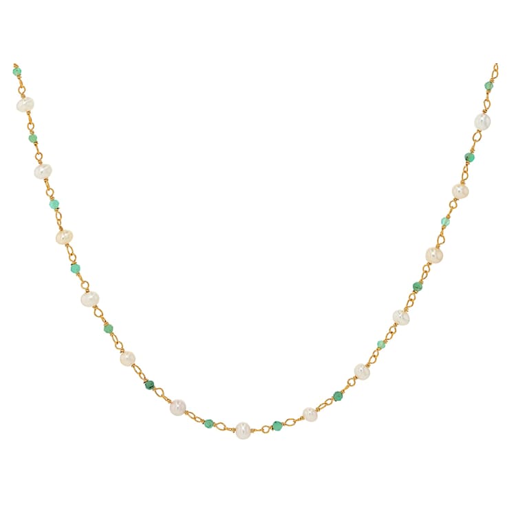 Dainty Pearl And Emerald Station Necklace In 18K Gold Over Sterling Silver