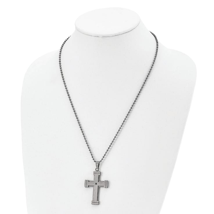 Black Cubic Zirconia Stainless Steel Men's Cross Pendant With Chain