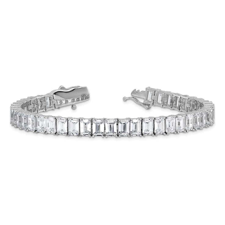 Rhodium Over Sterling Silver Polished Emerald-cut Cubic Zirconia Tennis Bracelet