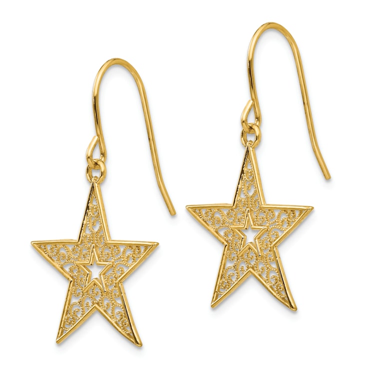 14k Yellow Gold Filigree Star Dangle Earrings
