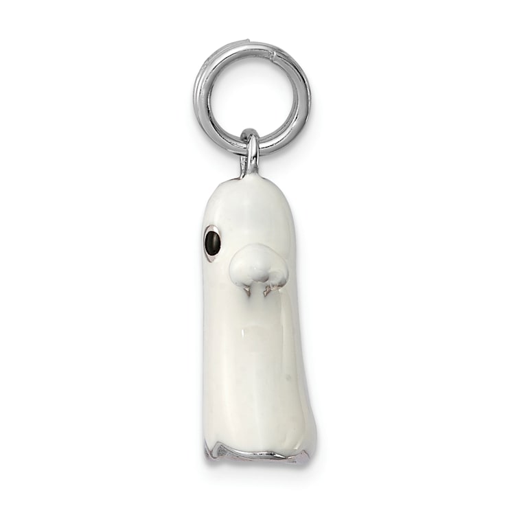 Rhodium Over Sterling Silver White Enamel Ghost Charm