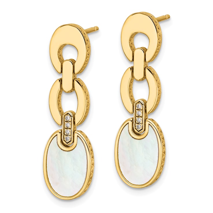 14K Yellow Gold Diamond and Mother of Pearl Chain Post Earrings