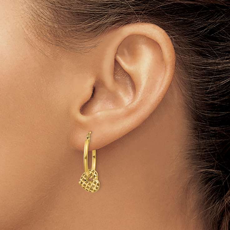 14k Yellow Gold 7/8" Moveable Heart Dangle Hoop Earrings