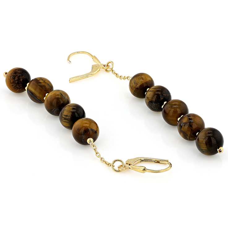 Tiger Eye Round Beaded Dangle Earrings In 18K Gold Over Sterling Silver 7.5-8.5mm