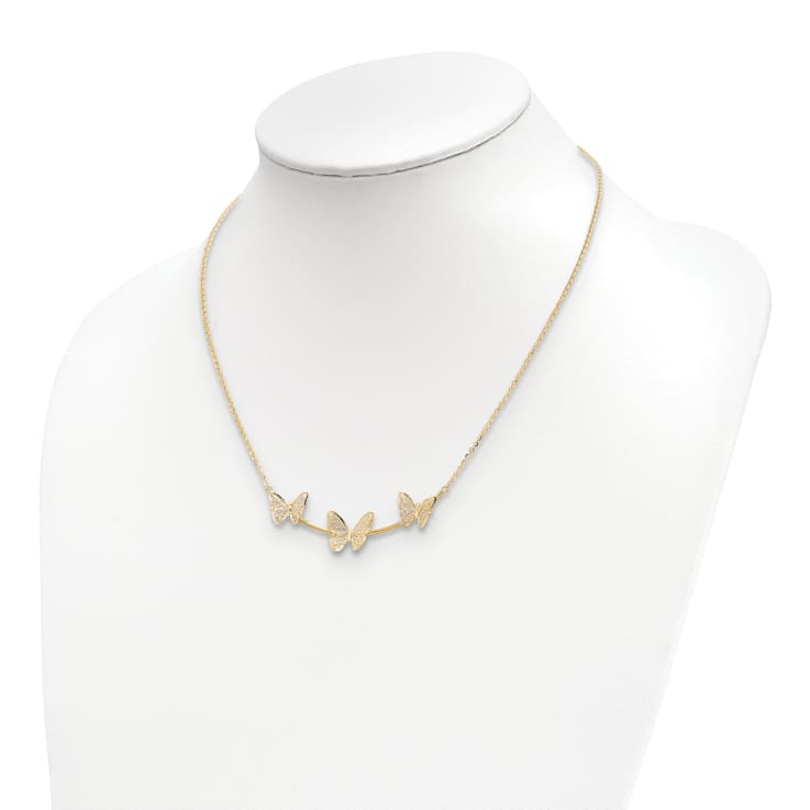 14K Yellow Gold Polished Filigree 3-Butterfly Bar Necklace