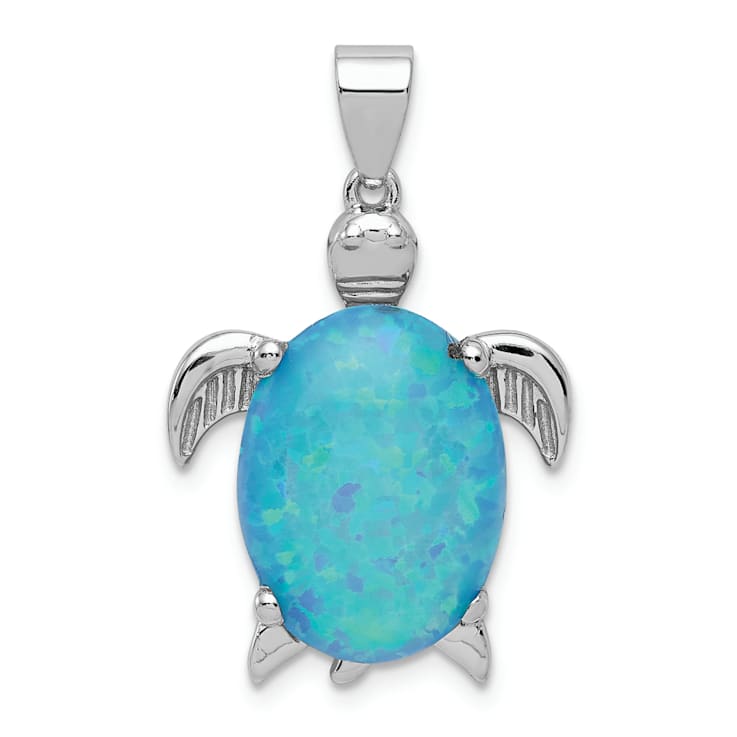 Rhodium Over Sterling Silver Lab Created Opal Inlay Sea Turtle Pendant