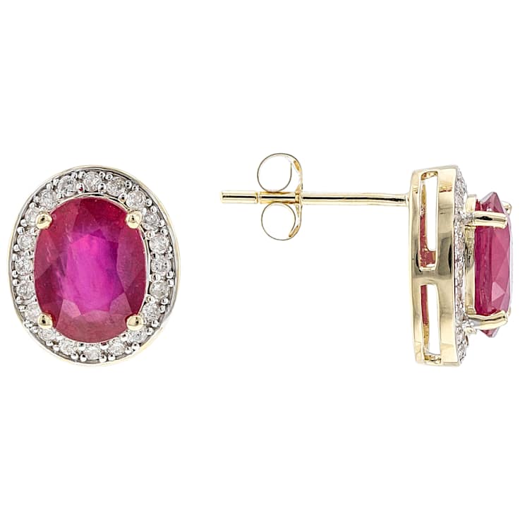 Ruby Oval And White Diamond Stud Earrings In Solid 14K Yellow Gold 3.87ctw