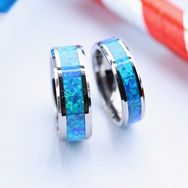 QUASAR Tungsten Wedding Band with Blue Green Opal Inlay 8mm
