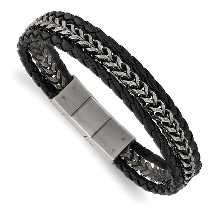 Black Leather and Stainless Steel Antiqued and Brushed 8.25-inch with
0.5-inch Extension Bracelet