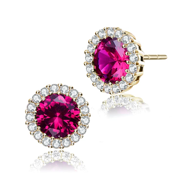 Ruby Color CZ Halo Stud Earrings In 14K Gold Over Sterling Silver