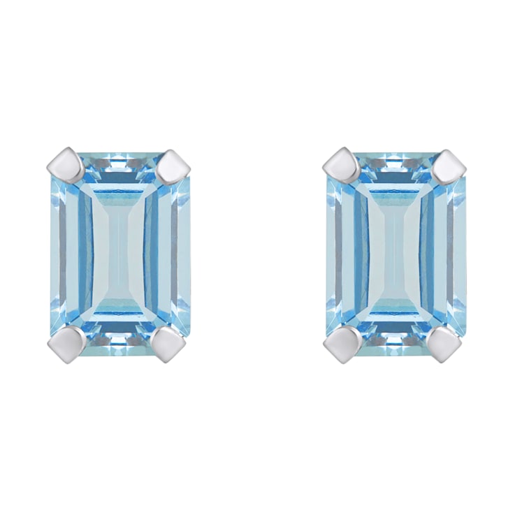 6x4mm Emerald Cut Aquamarine Rhodium Over 10k White Gold Stud Earrings