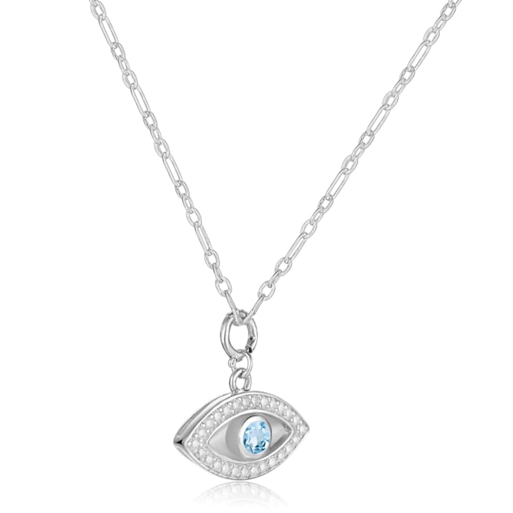 Blue Topaz and Moissanite Rhodium Over Sterling Silver Evil Eye Necklace