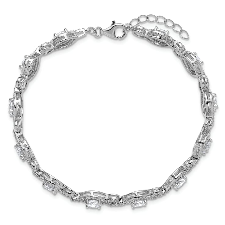 Rhodium Over Sterling Silver Fancy Cubic Zirconia with 1-inch Extension Bracelet
