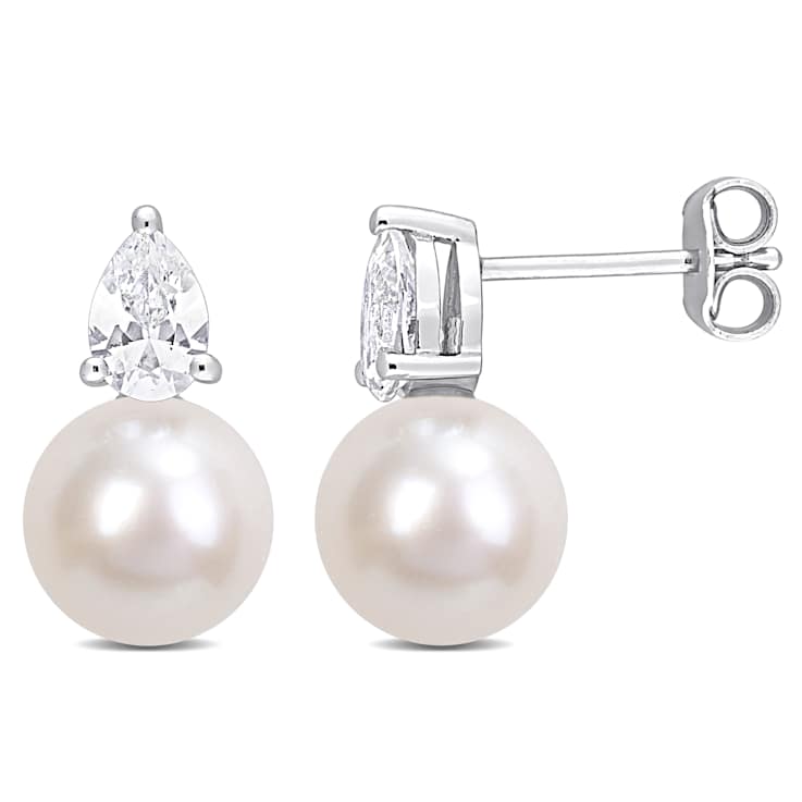 Freshwater Pearl And Created White Sapphire Stud Earrings In Sterling Silver