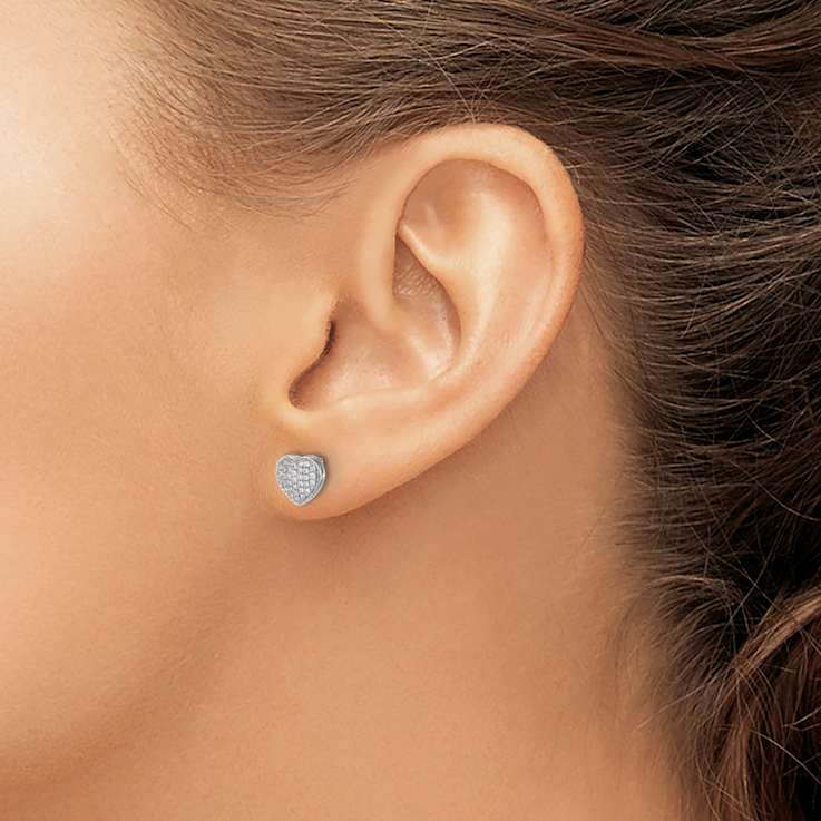 Rhodium Over 14k White Gold Diamond Studded 6mm Heart Stud Earrings