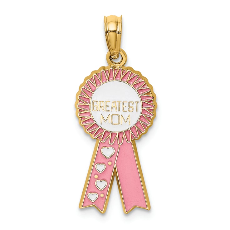 14k Yellow Gold Textured Enameled Greatest Mom Pink Ribbon Charm