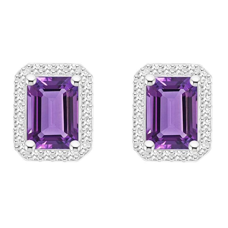 7x5mm Emerald Cut Amethyst 1/5 ctw Diamond Rhodium Over Sterling Silver
Halo Stud Earrings