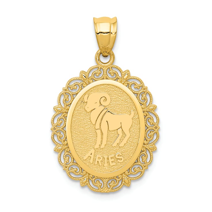 14k Yellow Gold Solid Satin, Polished and Textured Aries Zodiac Oval Pendant