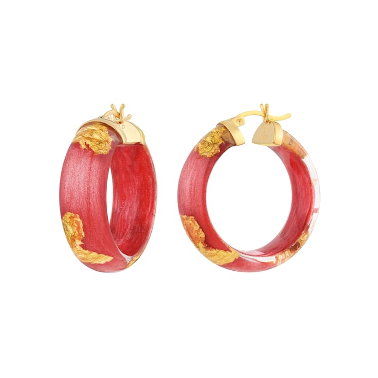 14K Yellow Gold Over Sterling Silver Mini Gold Leaf Acrylic Hoops in
Dark Green