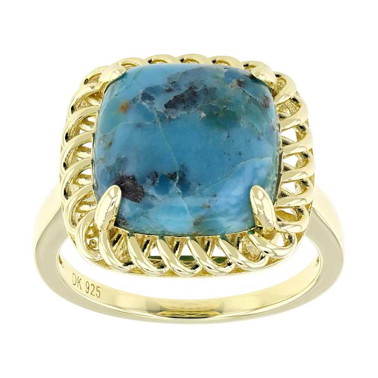 Turquoise Solitaire Ring With Filigree Halo In 18K Gold Over Sterling
Silver 12mm