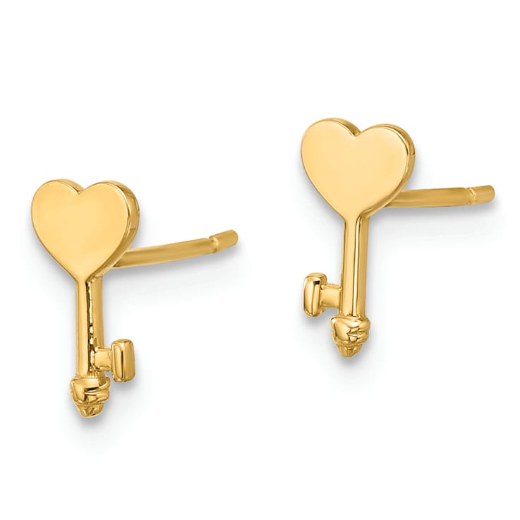 14K Yellow Gold Polished Heart Key Stud Earrings