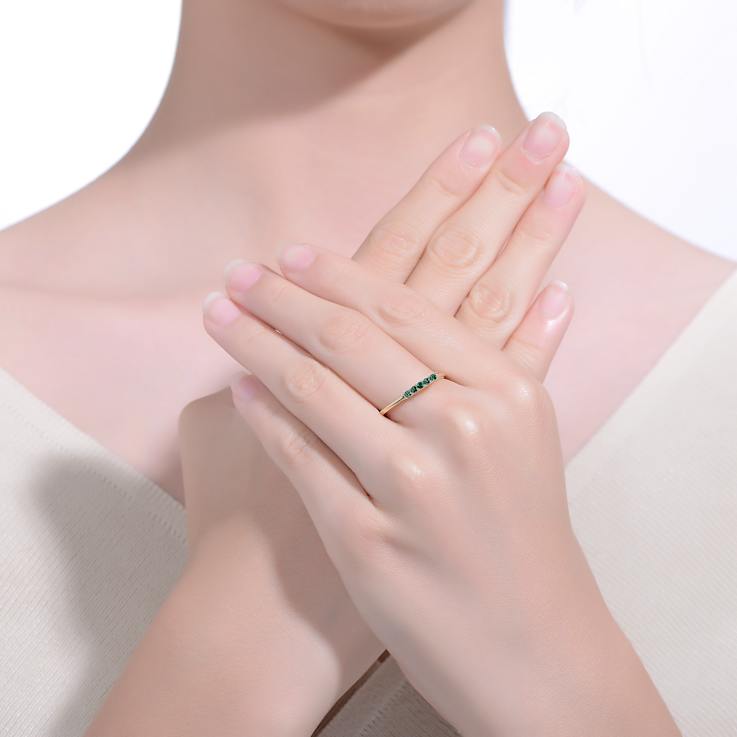 Emerald Color CZ Chevron Tower Band Ring In 14K Gold Over Sterling Silver