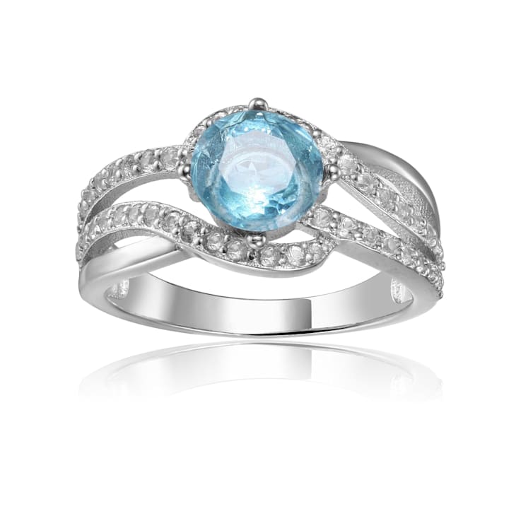 Round Blue Topaz with White Sapphire Accents Crossover Ring, 1.12ctw