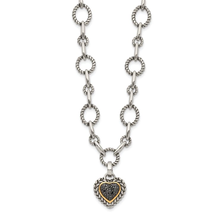 Sterling Silver Antiqued with 14K Accent Black Diamond Heart Drop Necklace