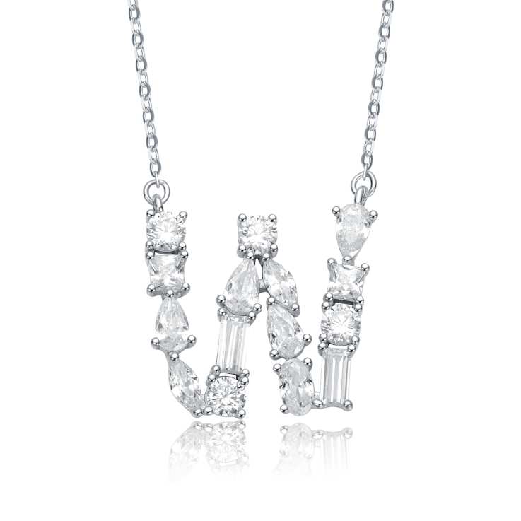 Initial W Mixed Cut CZ Pendant Necklace In Sterling Silver 18 Inch