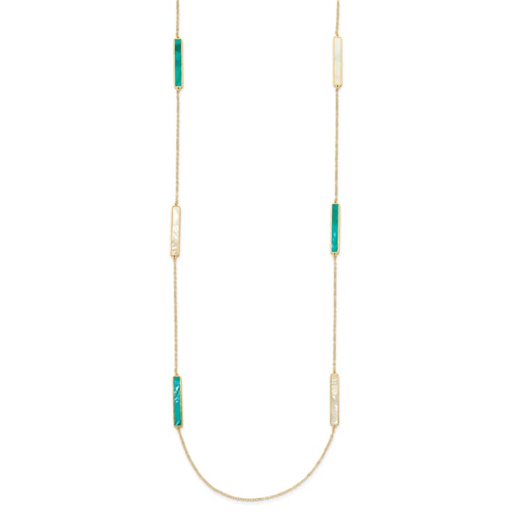 14K Yellow Gold Teal and White Color Mother Of Pearl Bar 34 Inch Necklace