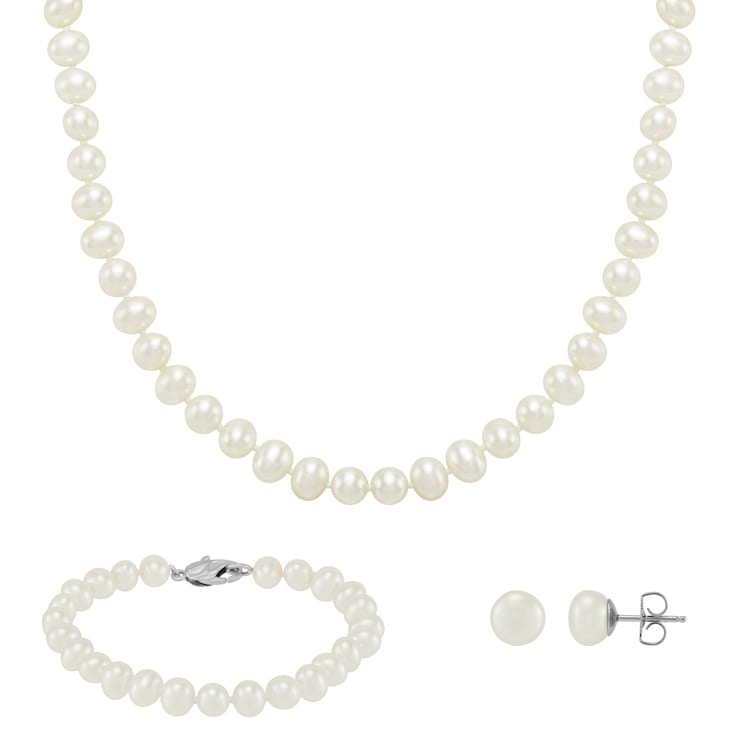 White Freshwater Pearl Necklace, Bracelet with Round Stud Earrings
Sterling Silver Jewelry Set